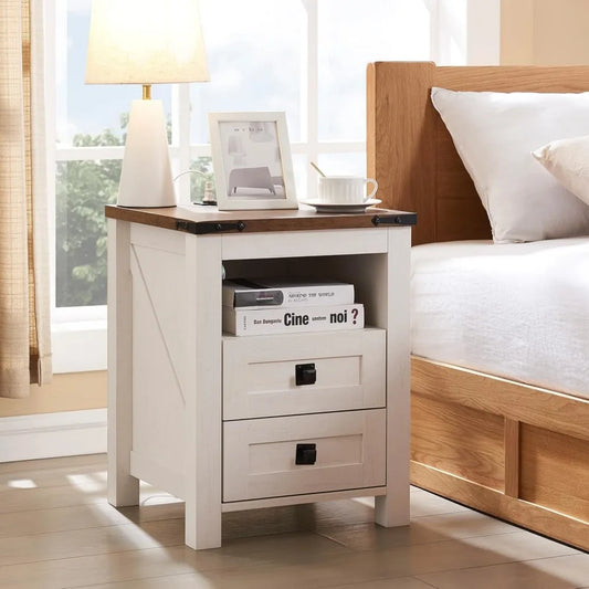 Rustic Farmhouse Nightstand Set with Charging Station and Storage