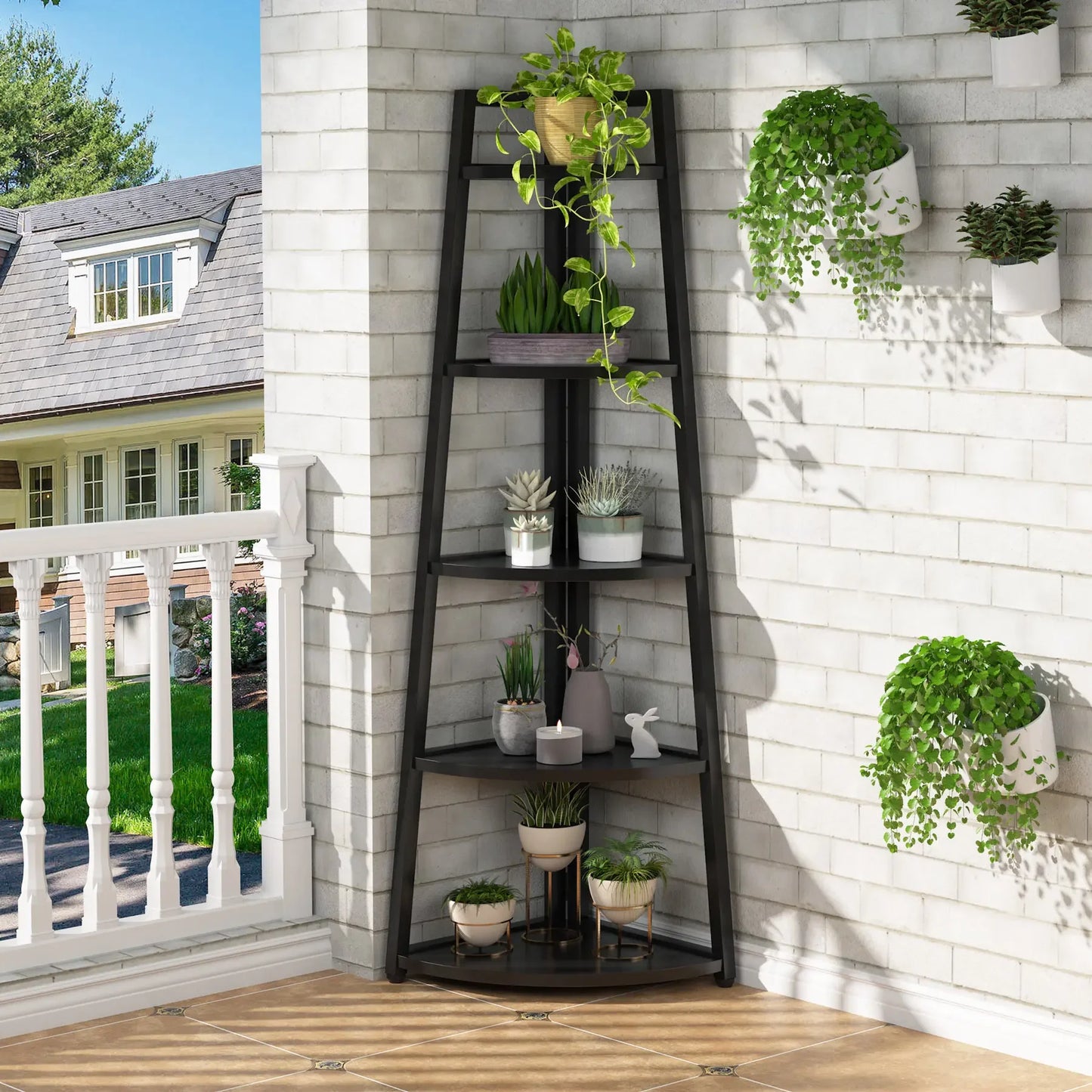 Modern Industrial Corner Ladder Shelf For Books Plants Decor