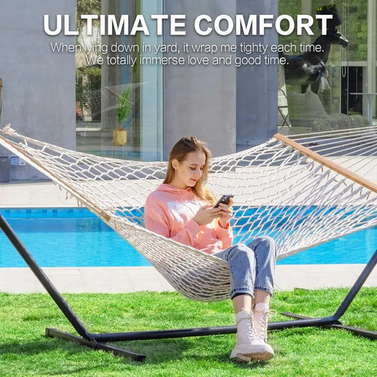 Double Rope Hammock with Stand Included, 12ft Heavy Duty Stand, 2 Person Traditional Cotton Rope Hammocks with Pillow for Outsid