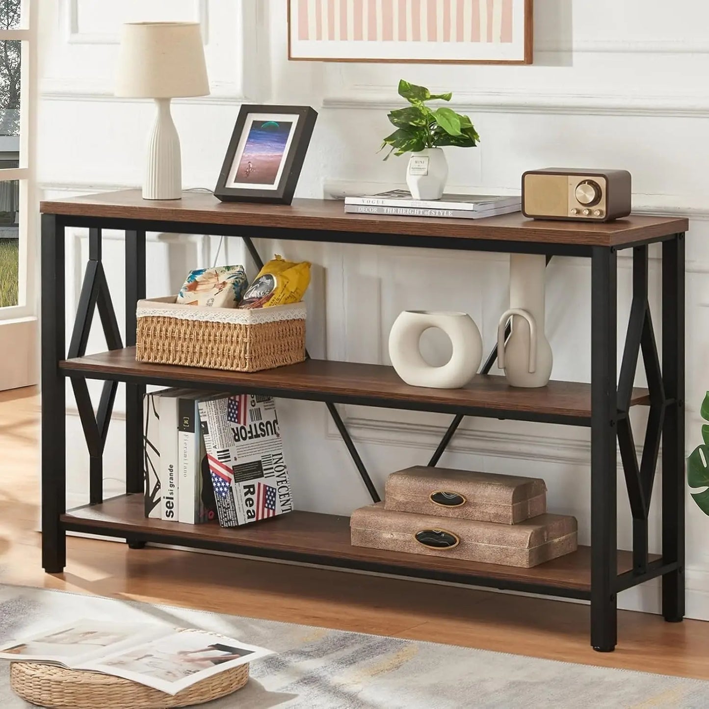Sofa Console Table With 3 Tier Storage And Open Shelves