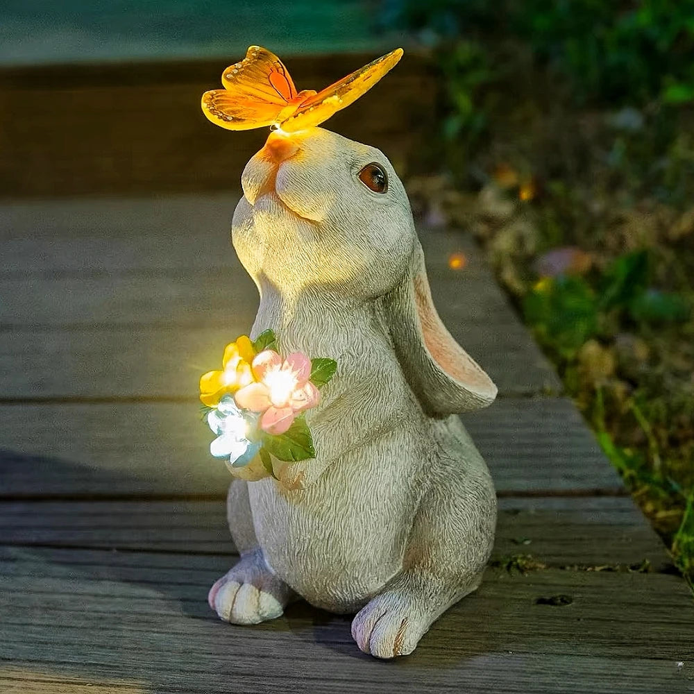 Solar Bunny Statue With Butterfly LED Light For Garden