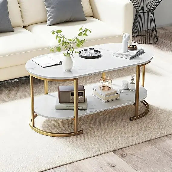 Two-Tier Coffee Table With Faux Marble Top And Open Storage