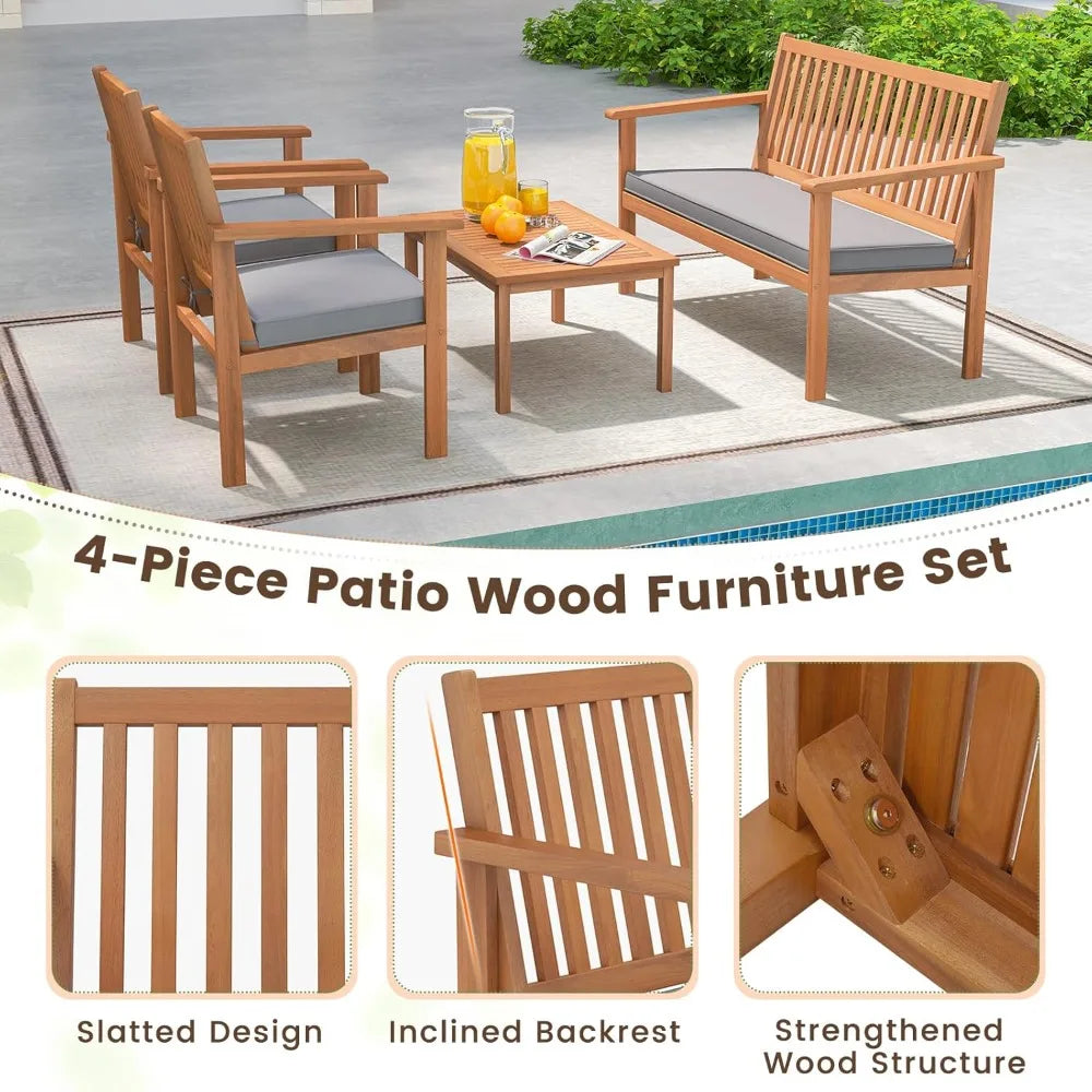 Acacia Wood Patio Sofa Set With Coffee Table And Cushions