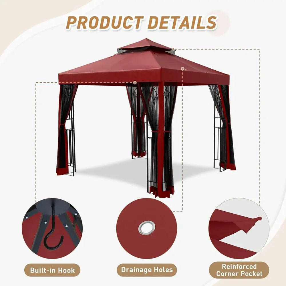 8' x 8' Outdoor Patio Gazebo with Mesh Netting & Built-In Corner Shelves