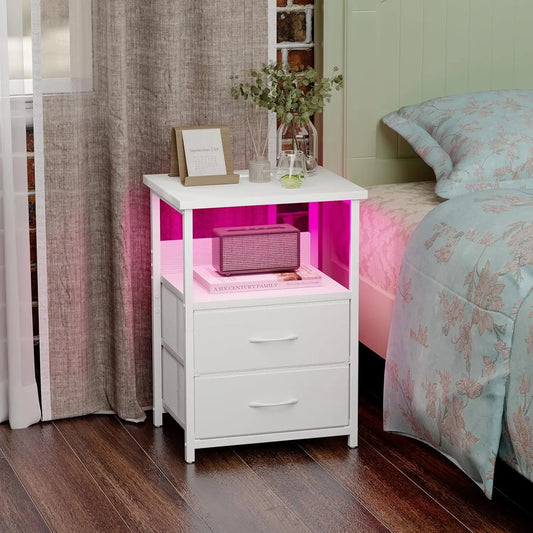 Modern Nightstand Set With Charging Station And LED Lighting