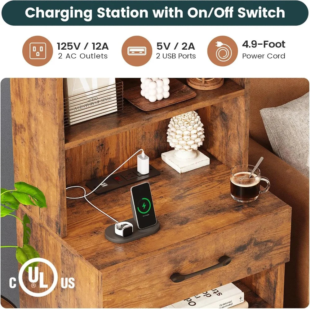 Tall Nightstand Set Of Two With LED Lights And Charging