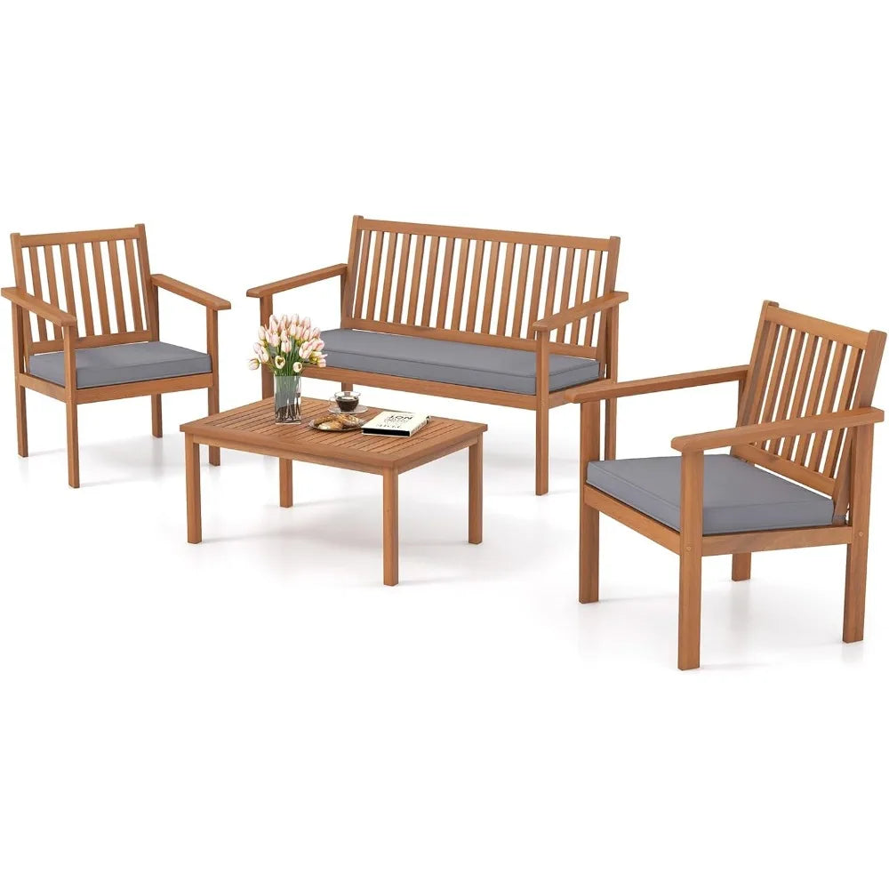 Acacia Wood Patio Sofa Set With Coffee Table And Cushions