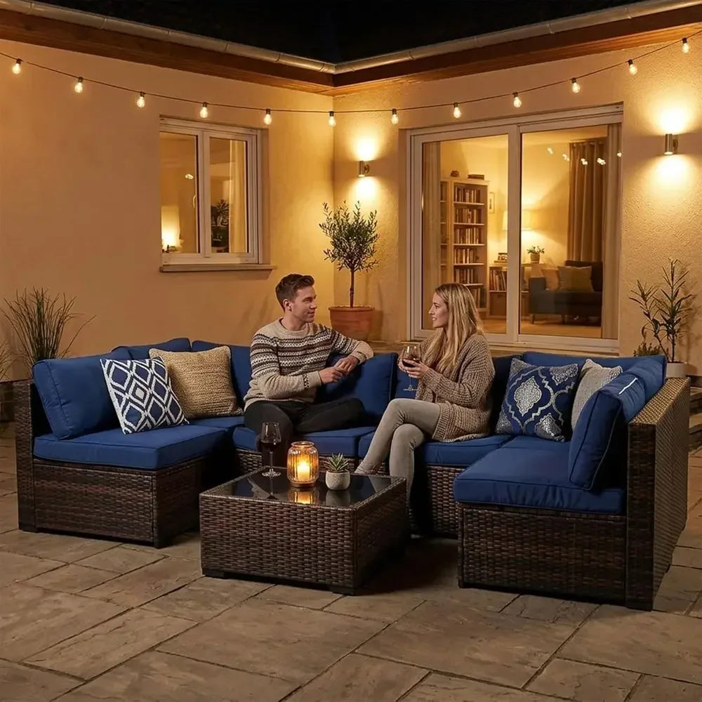 Weatherproof PE Rattan Outdoor Sectional With Glass Table And Cushions