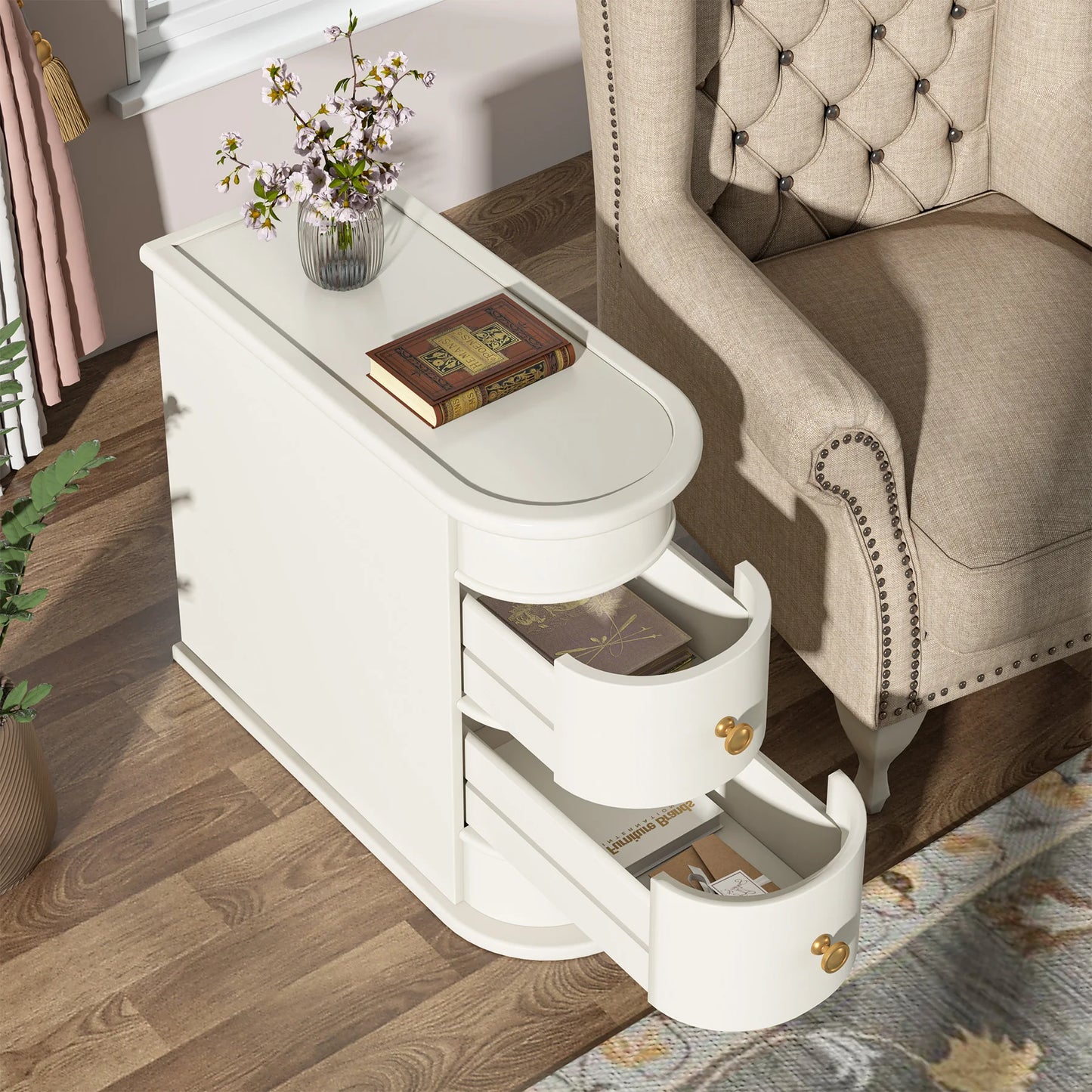 Tribesigns Round Solid Wood End Table With Drawer Nightstand