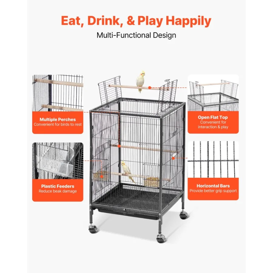 Flat Top Open Wrought Iron Bird Cage With Perches Tray