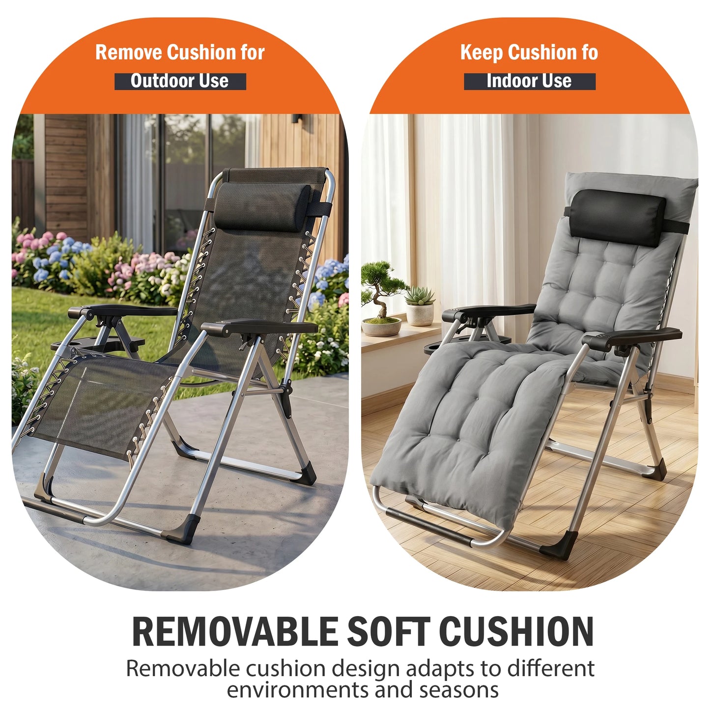 Zero Gravity Reclining Camping Lounge Chair With Cup Holder Trays