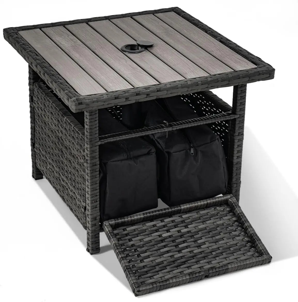 Wicker Patio Umbrella Stand With Side Table And Weight Bags