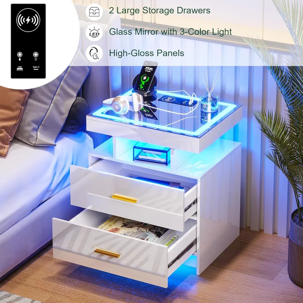LED Nightstand With USB C Charging Station And 2 Drawers