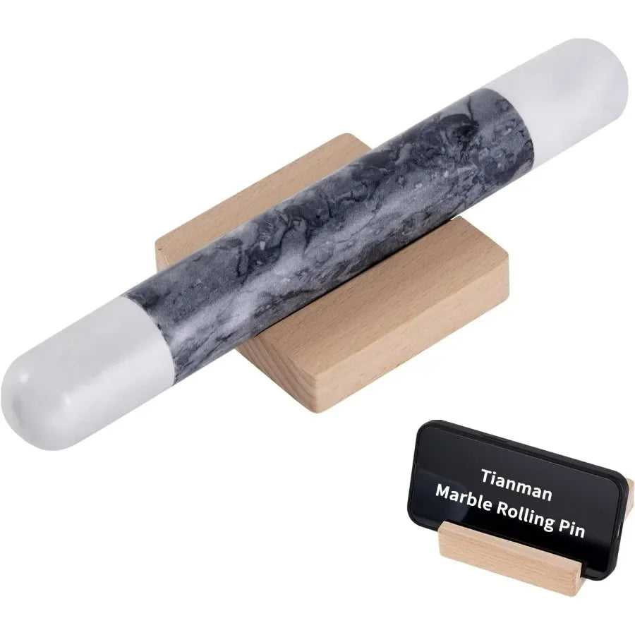 French Marble Rolling Pin With Wooden Stand For Nonstick Baking