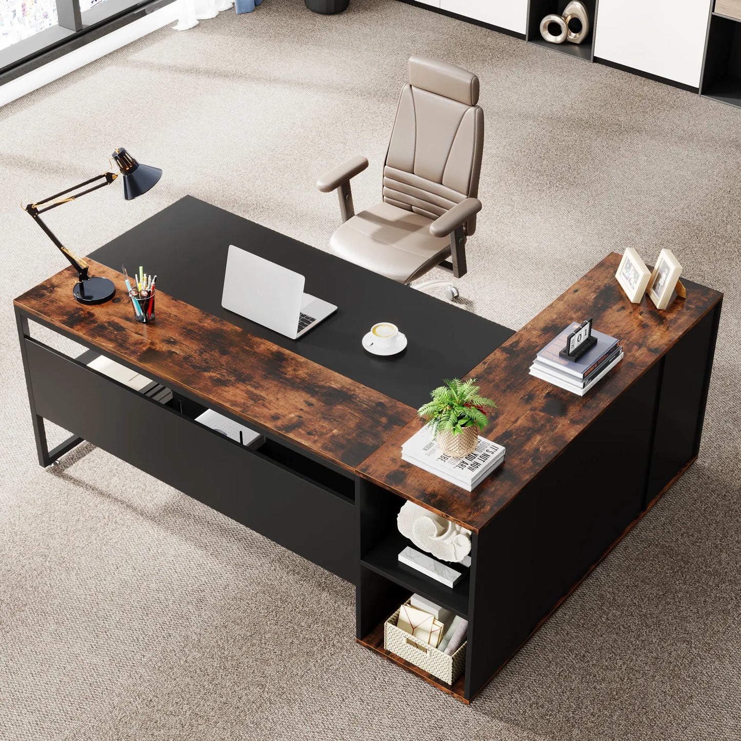 Tribesigns L Shaped Executive Desk With Cabinet Storage