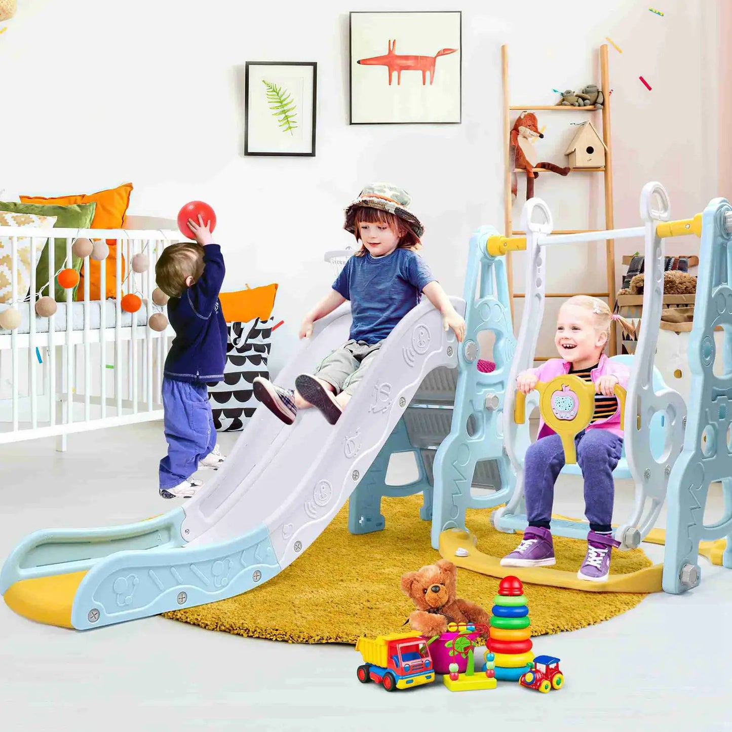 4 In 1 Toddler Playground Set Swing Slide Basketball Hoop