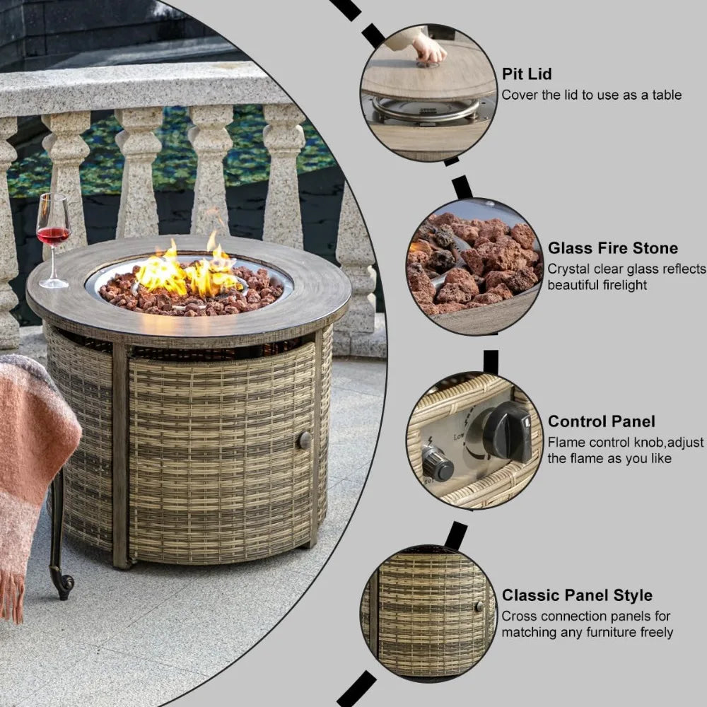 Wicker Propane Fire Pit Table With Lid And Lava Rocks