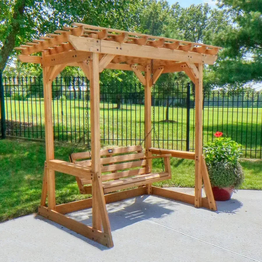 Cedar Wood Outdoor Patio Swing Bench With Trellis For Two