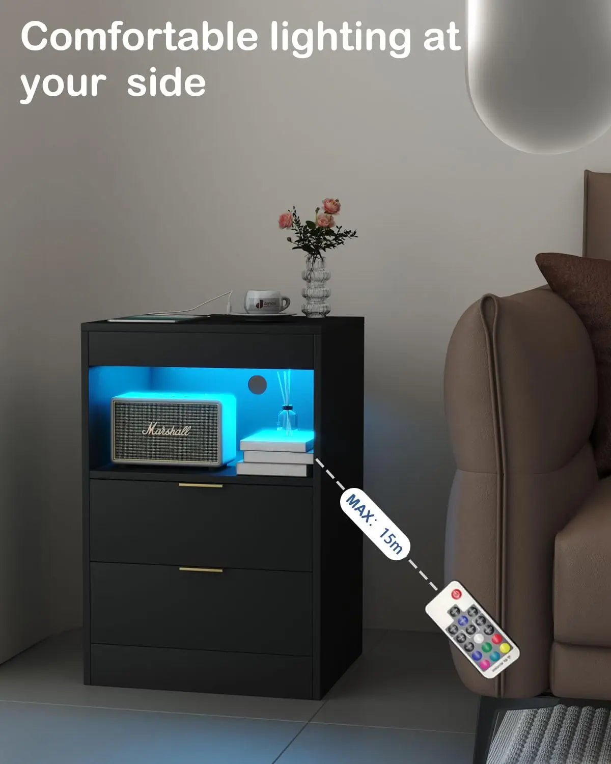 LED Nightstand With Charging Station and Drawer Storage