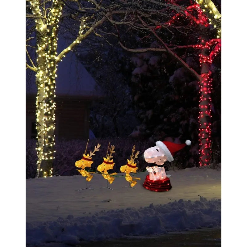60-Inch Peanuts 4-Piece 3D LED Pre-Lit Snoopy in Dog Bowl Sled with Woodstock Reindeer Christmas Décor, 180 Lights