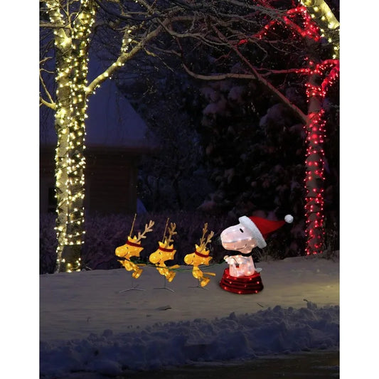 60-Inch Peanuts 4-Piece 3D LED Pre-Lit Snoopy in Dog Bowl Sled with Woodstock Reindeer Christmas Décor, 180 Lights