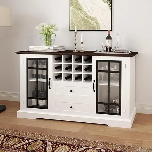 Farmhouse Buffet Sideboard With Glass Doors And Removable Wine Rack