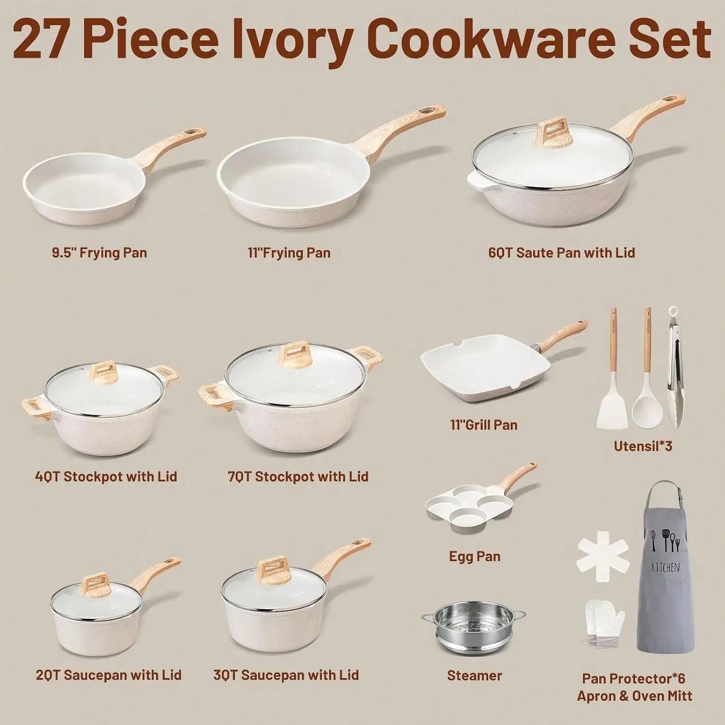 27-Piece Ceramic Nonstick Cookware Set with Kitchen Accessories