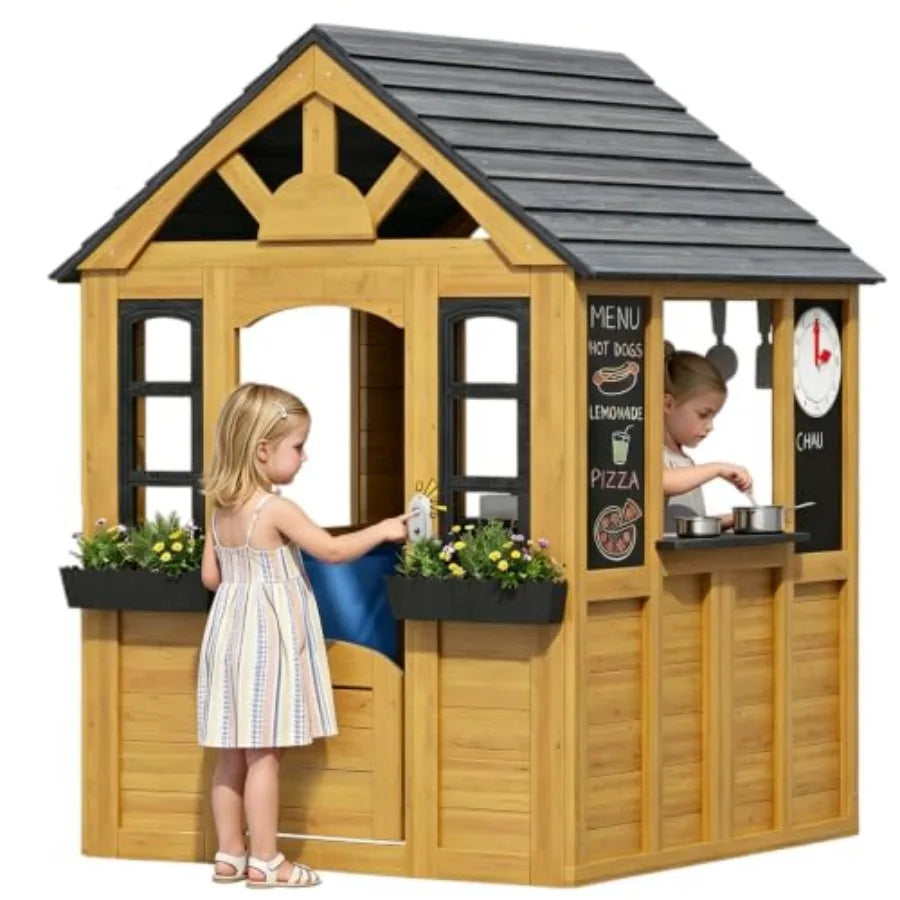 Outdoor Wooden Playhouse with Kitchen, Snack Bar & Pet Door