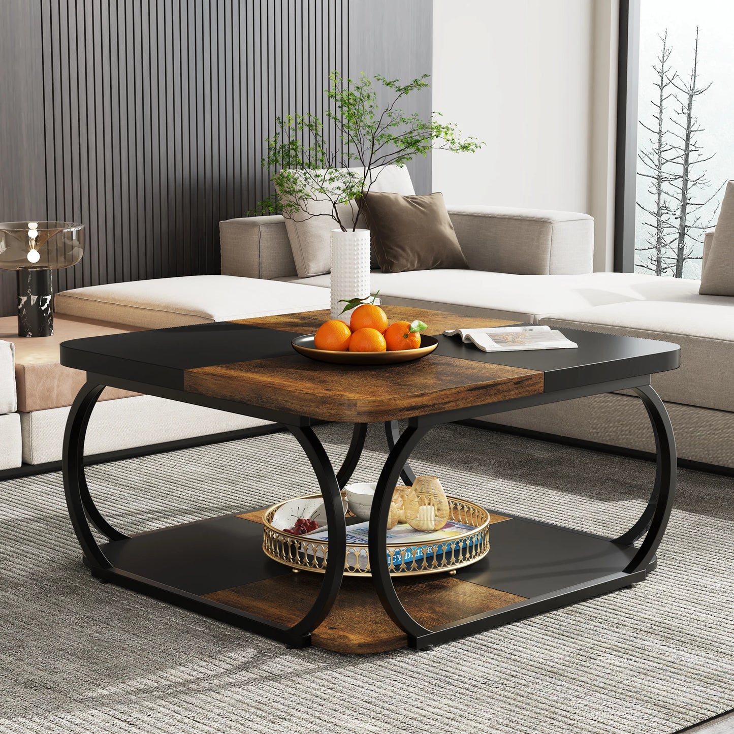 Tribesigns Square Farmhouse Coffee Table With Two Tier Storage Shelf