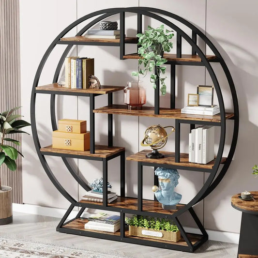Round Industrial Etagere Bookshelf With Staggered Shelves