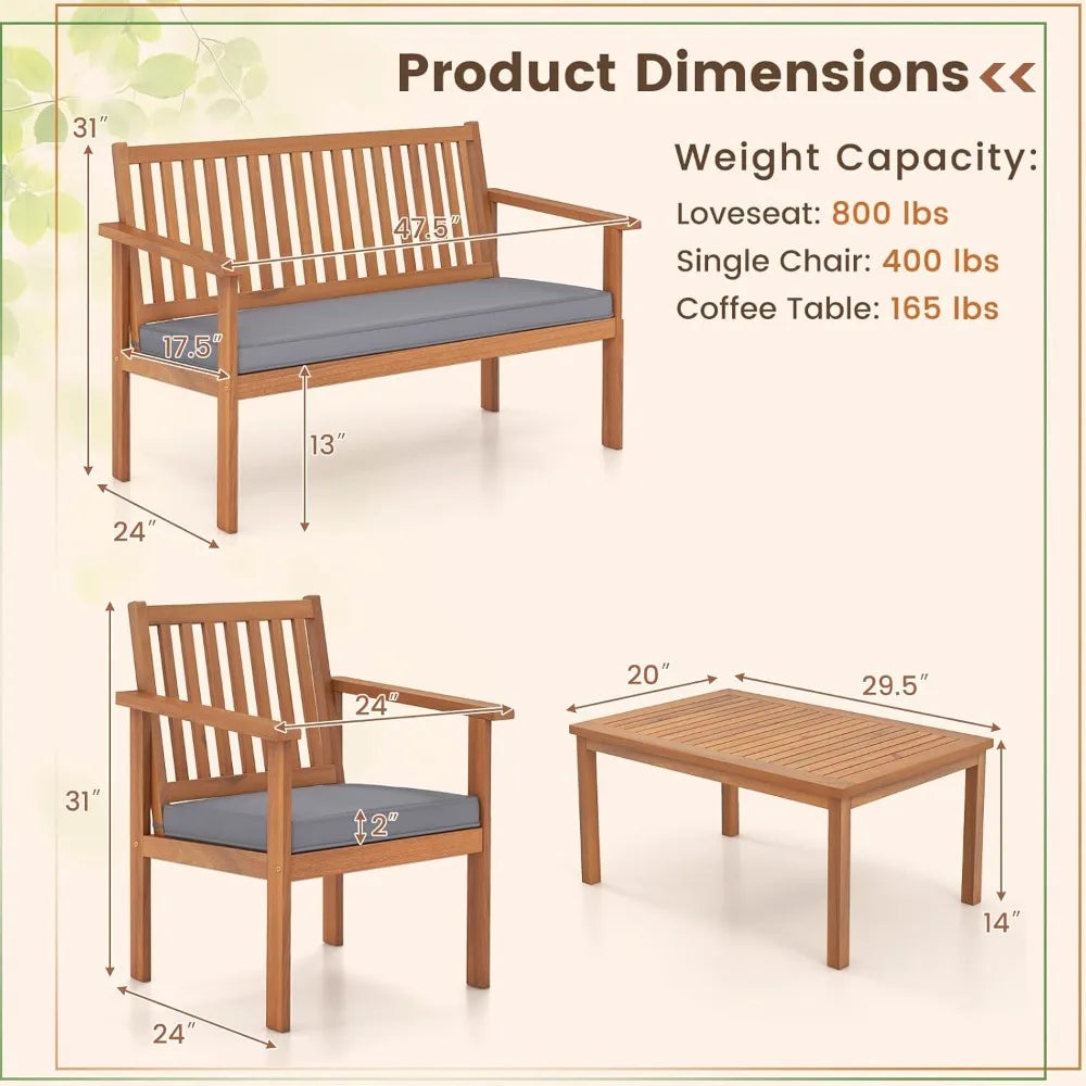 Acacia Wood Patio Sofa Set With Coffee Table And Cushions