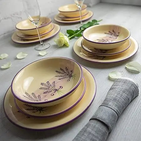 Handmade Lavender Floral Purple and CreamCeramic 12 piece Dinnerware Set | Pottery Tableware Service for 4 | Dinner Plates | Sid
