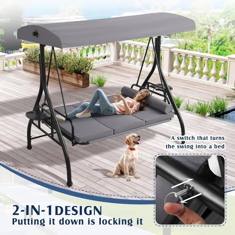 Convertible Porch Swing Bed With Canopy Stand And Cup Holder