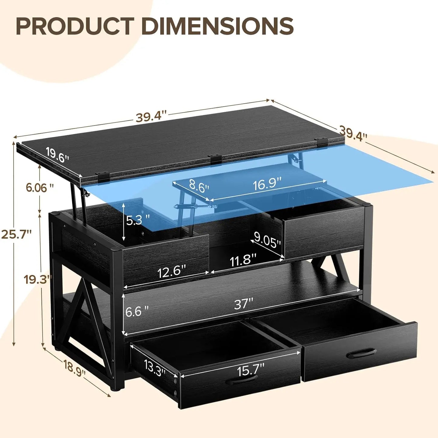 40-Inch 4-in-1 Lift-Top Coffee Table with Hidden Storage & Drawers