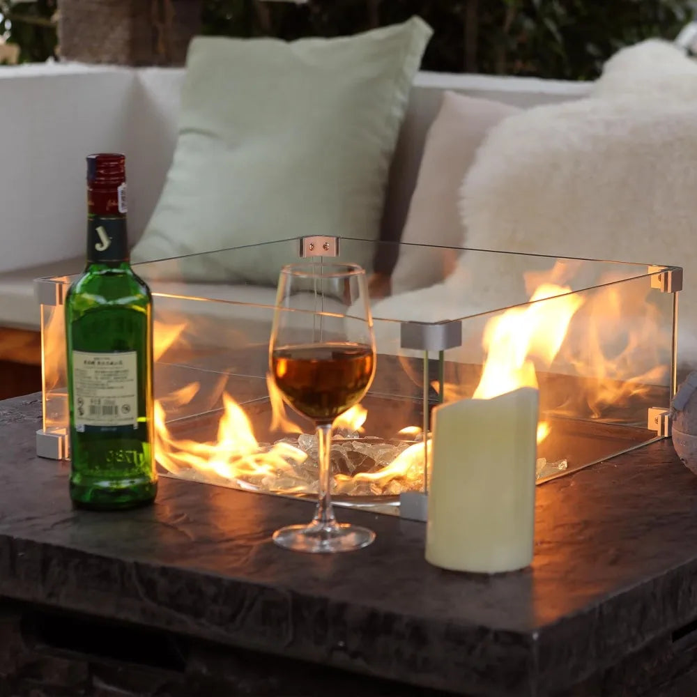 Outdoor Propane Fire Pit Table Square Stone With Wind Guard