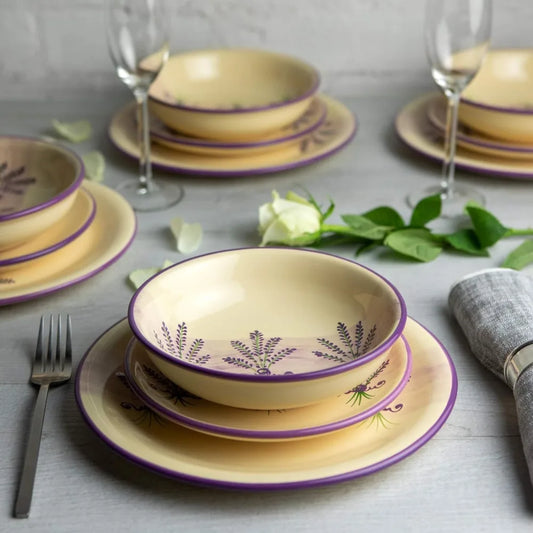 Handmade Lavender Floral Purple and CreamCeramic 12 piece Dinnerware Set | Pottery Tableware Service for 4 | Dinner Plates | Sid