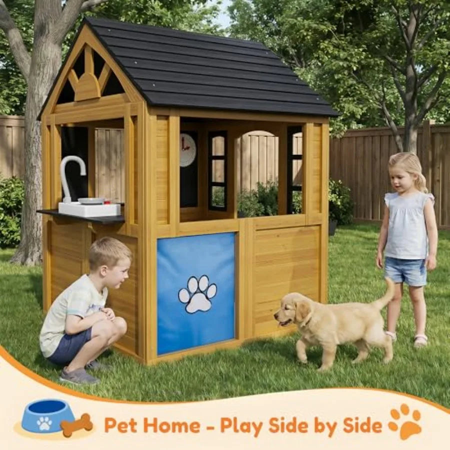Outdoor Wooden Playhouse with Kitchen, Snack Bar & Pet Door