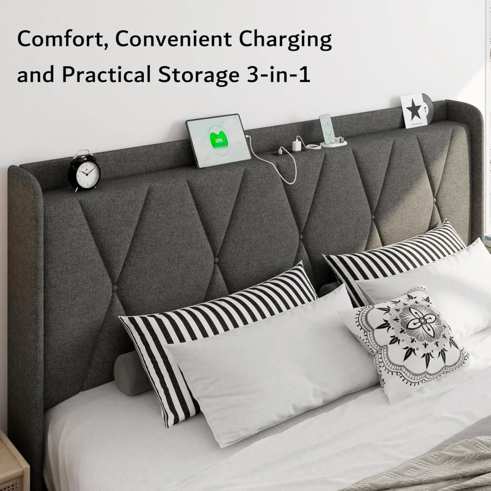 Upholstered Wingback Platform Bed With Storage Drawers And USB Charging