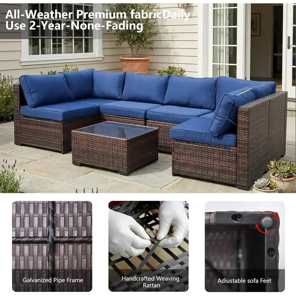 Weatherproof PE Rattan Outdoor Sectional With Glass Table And Cushions