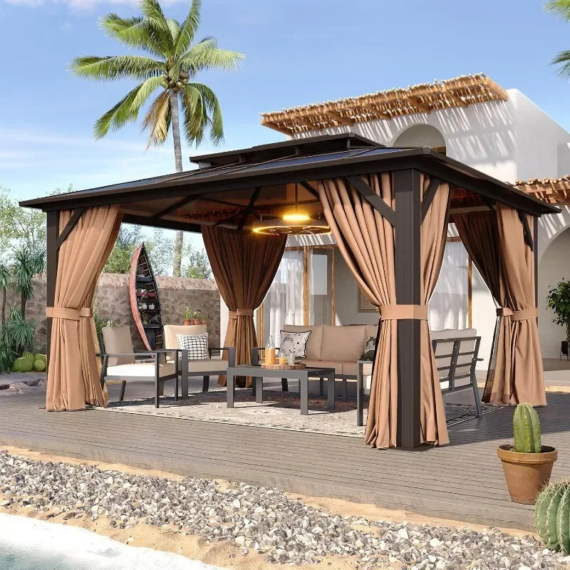 Hardtop Aluminum Gazebo With Curtains Netting And Outdoor Polycarbonate Roof