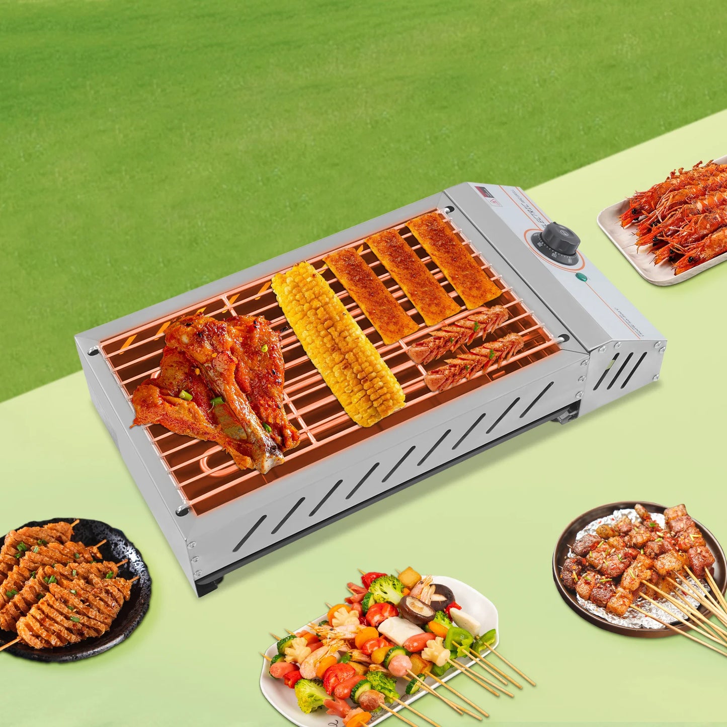 1800W Stainless Steel Electric Tabletop Grill with Adjustable Temperature Control