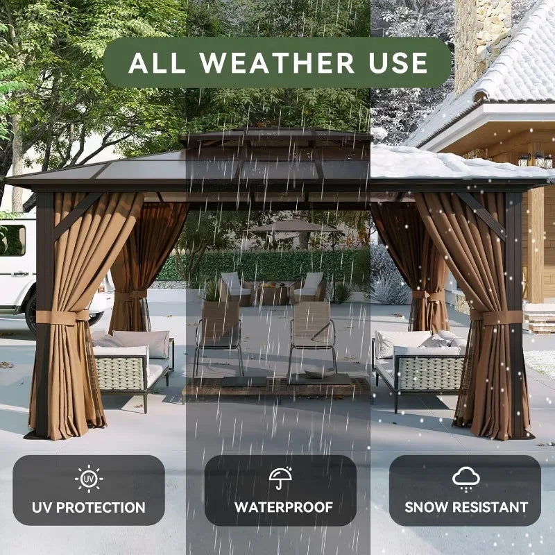 Hardtop Aluminum Gazebo With Curtains Netting And Outdoor Polycarbonate Roof