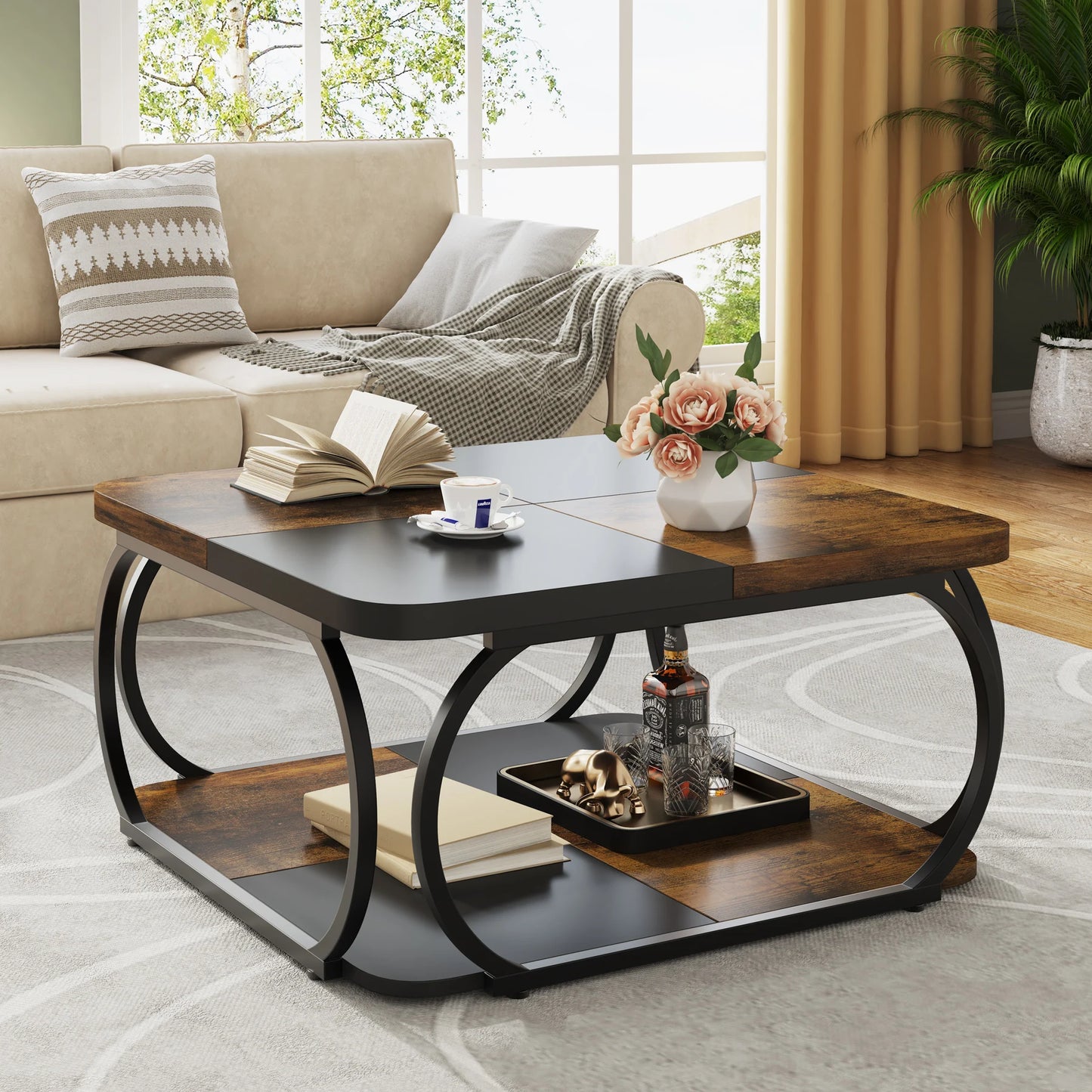 Tribesigns Square Farmhouse Coffee Table With Two Tier Storage Shelf