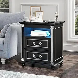Nightstand With Charging Station And LED Lighted Drawers