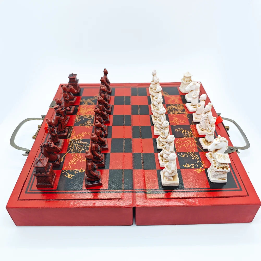 Chess Set With Wooden Table 22X22cm Terracotta Army Chess Classic Chinese Style 3D Gift For Birthday&Christmas For Collect&Decor