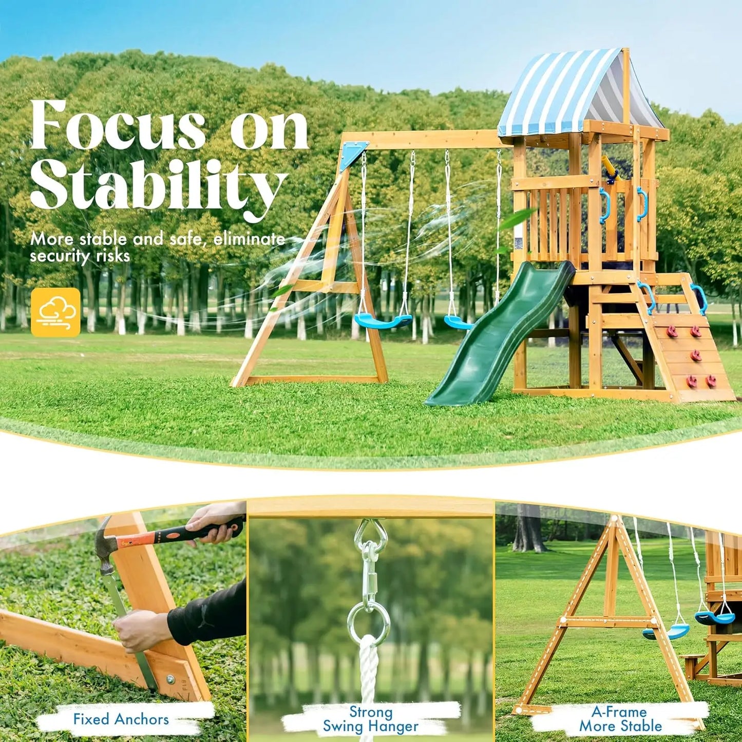 Robotime Robud Wooden Swing Set With Dual Swings Slide Chalkboard