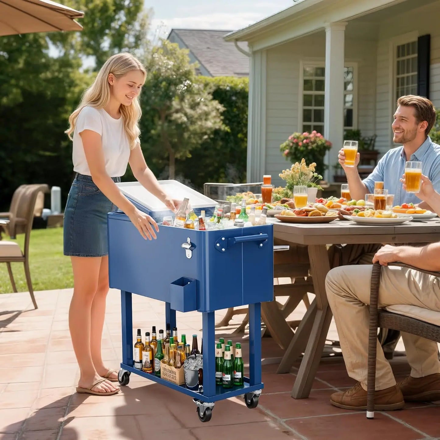Outdoor Rolling Beverage Cart With Bottle Opener And Drainage