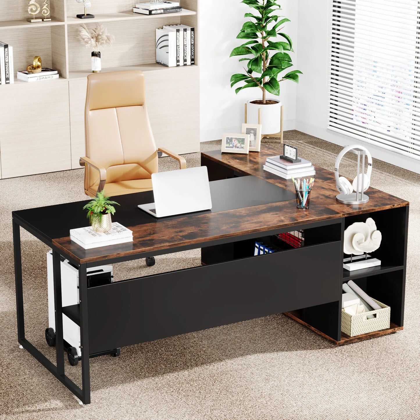 Tribesigns L Shaped Executive Desk With Cabinet Storage