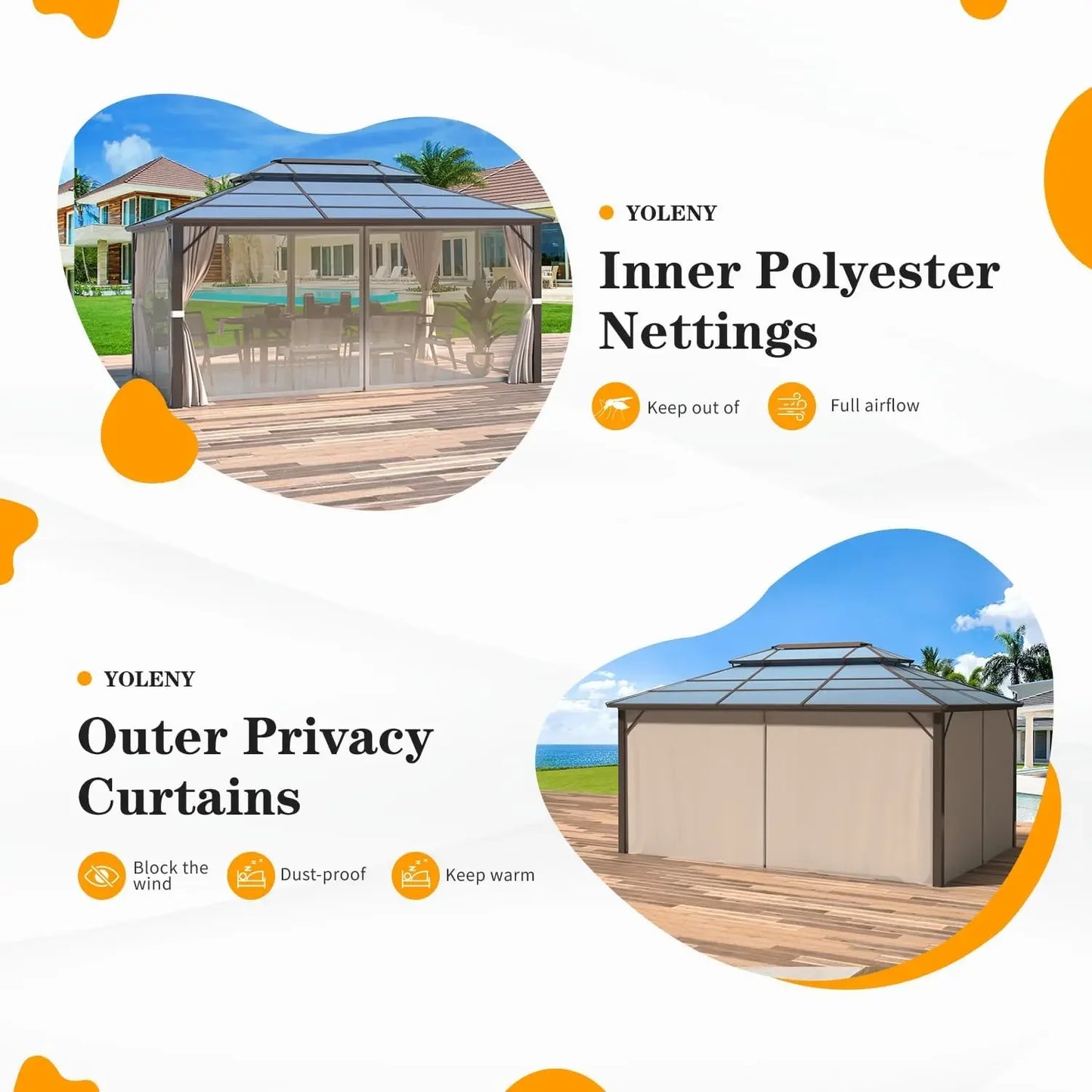 Outdoor Hardtop Gazebo With Polycarbonate Roof And Curtains Netting