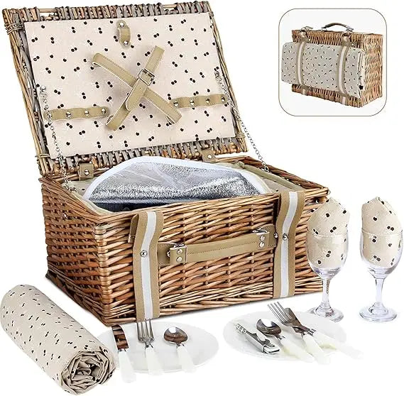 willow picnic basket set for 2 persons with large insulated cooler bag and waterproof picnic blanket, wicker picnic hamper for c